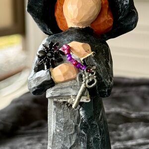 Witch with Black and Orange Figurine with Key and Beads